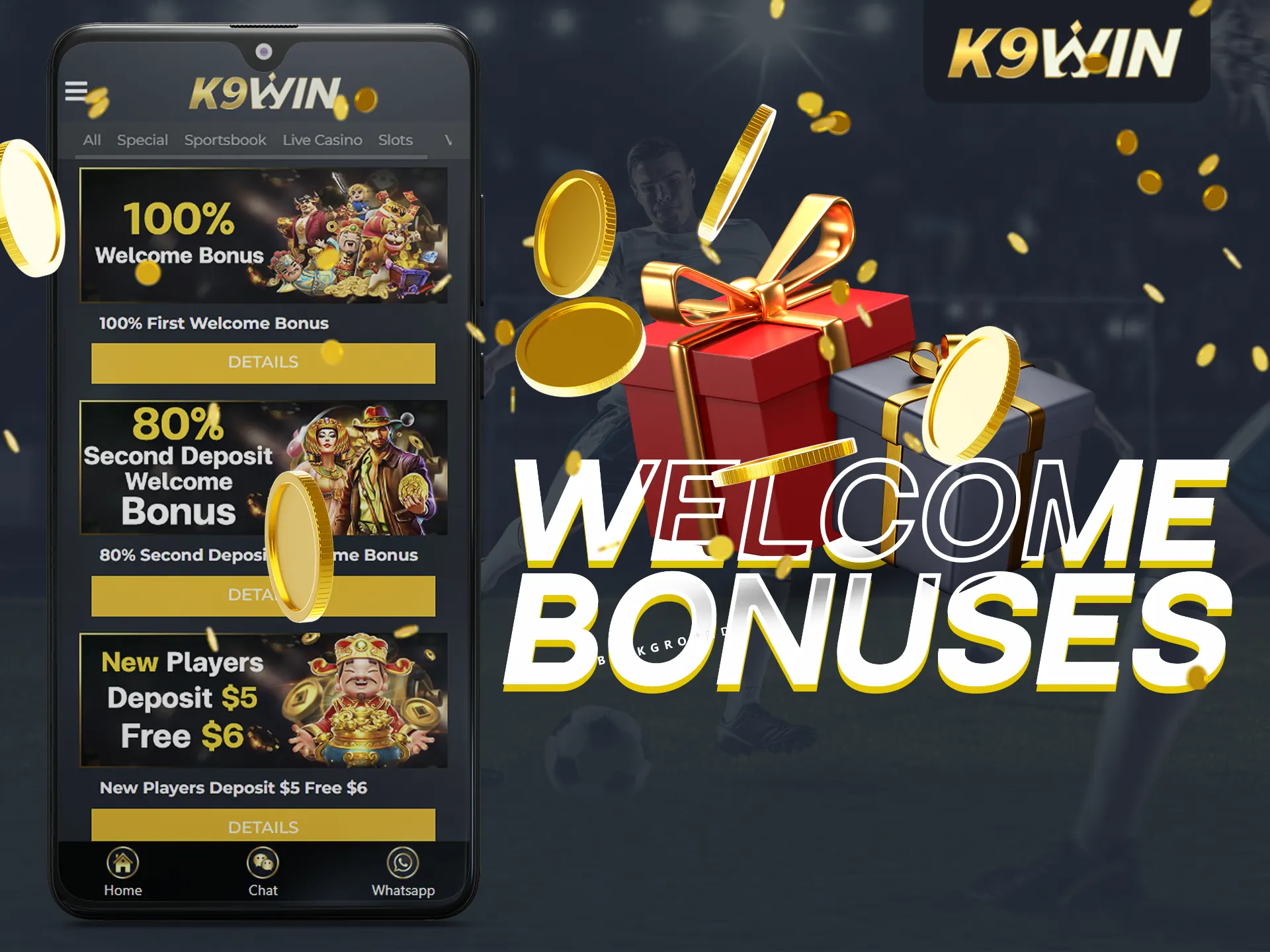 Get a 100% welcome bonus up to 750 AUD with K9Win.