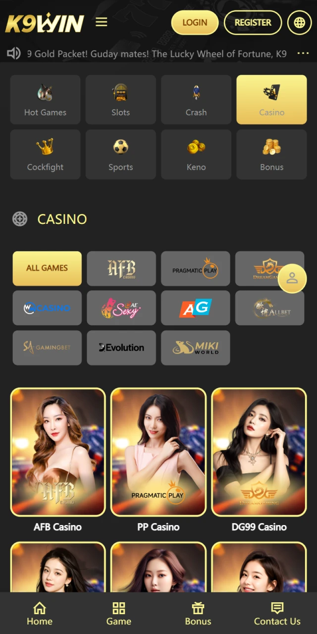 Play casino games on the K9Win mobile app.