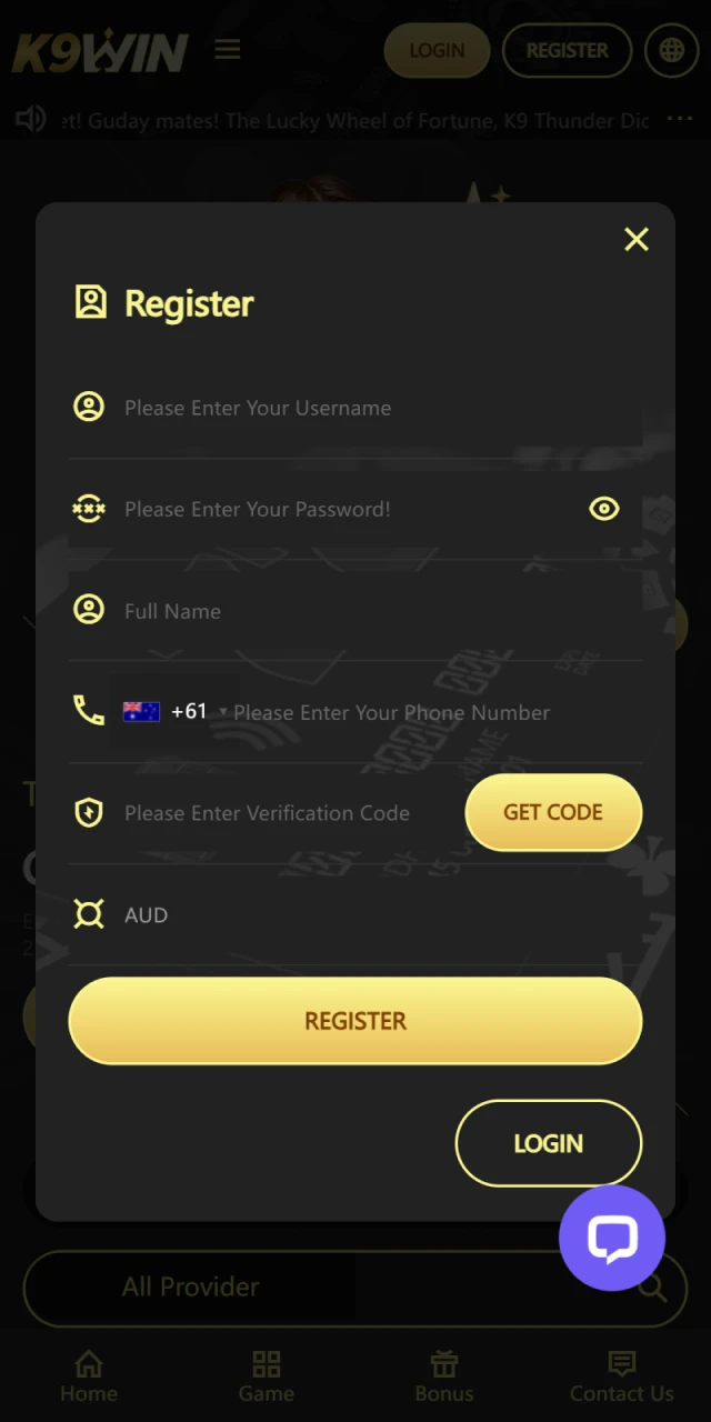 Register directly in the K9Win casino mobile app.